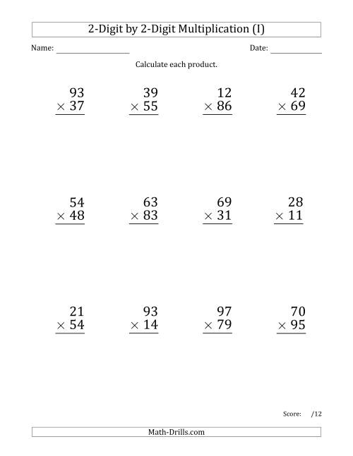 The Multiplying 2-Digit by 2-Digit Numbers (Large Print) with Comma-Separated Thousands (I) Math Worksheet