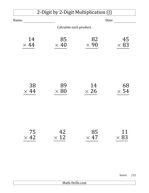 The Multiplying 2-Digit by 2-Digit Numbers (Large Print) with Comma-Separated Thousands (J) Math Worksheet