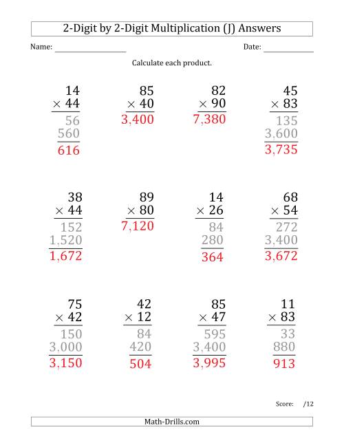 The Multiplying 2-Digit by 2-Digit Numbers (Large Print) with Comma-Separated Thousands (J) Math Worksheet Page 2