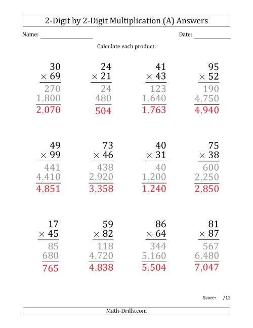 The Multiplying 2-Digit by 2-Digit Numbers (Large Print) with Comma-Separated Thousands (All) Math Worksheet Page 2