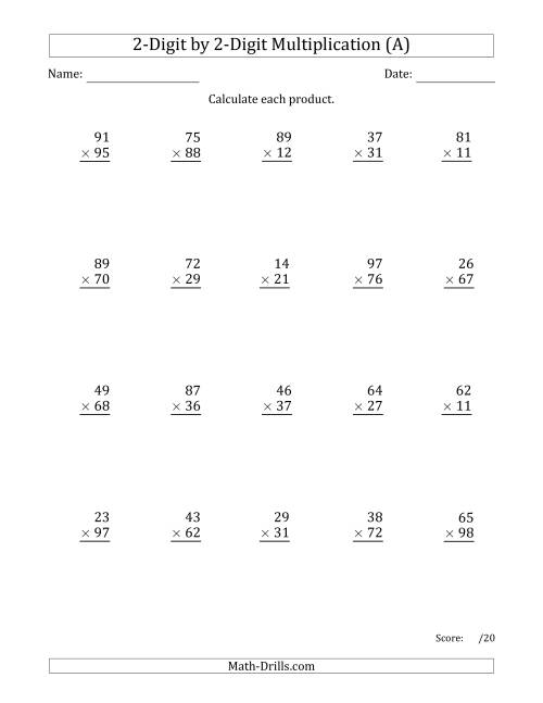 The Multiplying 2-Digit by 2-Digit Numbers with Space-Separated Thousands (A) Math Worksheet