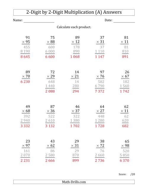 The Multiplying 2-Digit by 2-Digit Numbers with Space-Separated Thousands (A) Math Worksheet Page 2