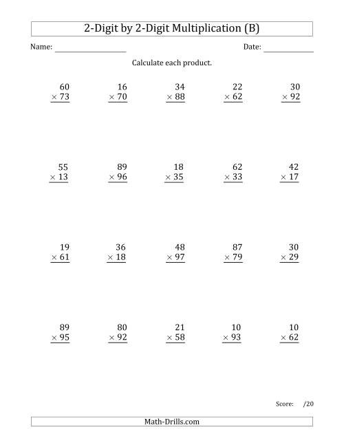 The Multiplying 2-Digit by 2-Digit Numbers with Space-Separated Thousands (B) Math Worksheet