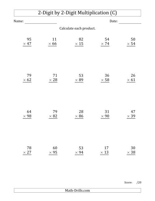 The Multiplying 2-Digit by 2-Digit Numbers with Space-Separated Thousands (C) Math Worksheet