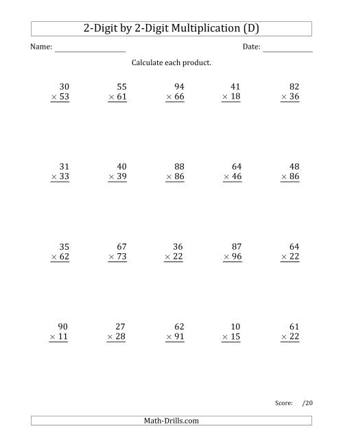 The Multiplying 2-Digit by 2-Digit Numbers with Space-Separated Thousands (D) Math Worksheet