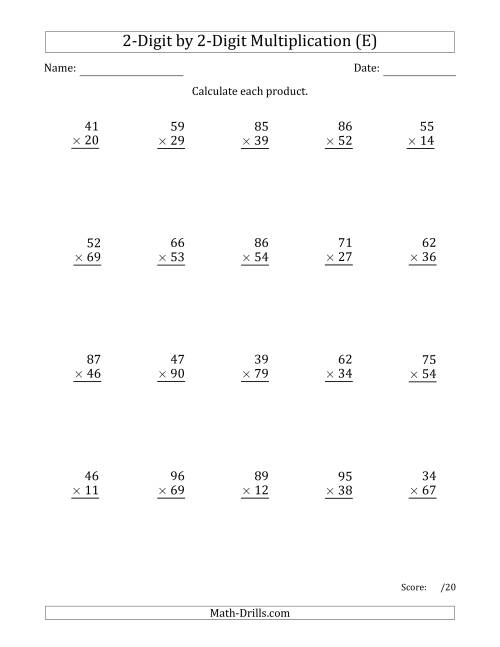 The Multiplying 2-Digit by 2-Digit Numbers with Space-Separated Thousands (E) Math Worksheet