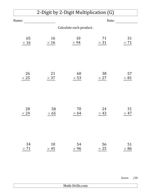 The Multiplying 2-Digit by 2-Digit Numbers with Space-Separated Thousands (G) Math Worksheet