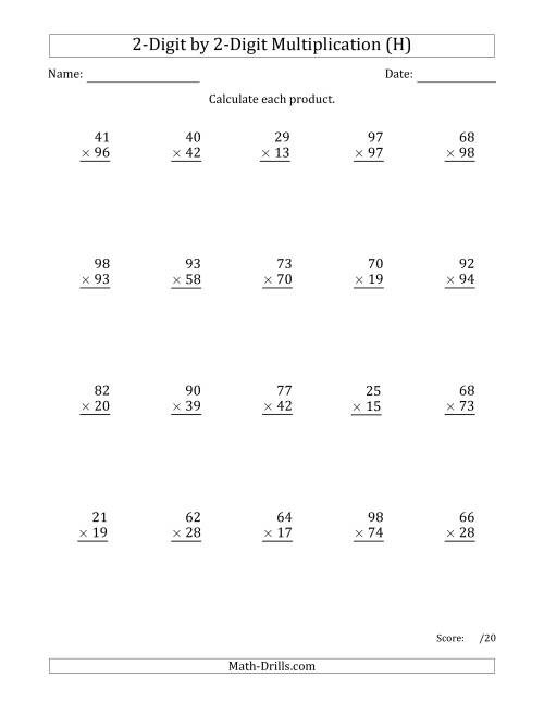 The Multiplying 2-Digit by 2-Digit Numbers with Space-Separated Thousands (H) Math Worksheet