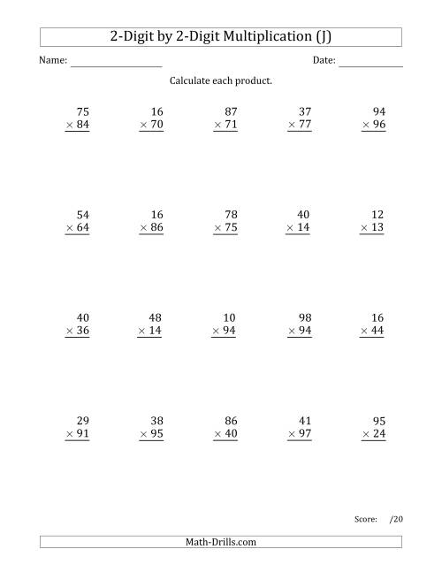 The Multiplying 2-Digit by 2-Digit Numbers with Space-Separated Thousands (J) Math Worksheet