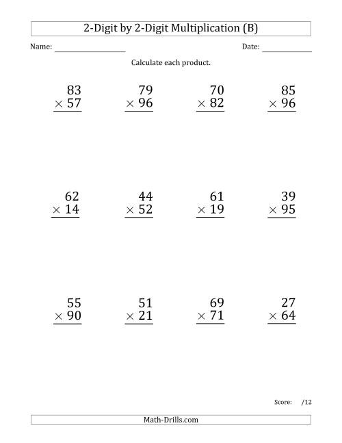 The Multiplying 2-Digit by 2-Digit Numbers (Large Print) with Space-Separated Thousands (B) Math Worksheet