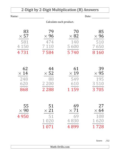 The Multiplying 2-Digit by 2-Digit Numbers (Large Print) with Space-Separated Thousands (B) Math Worksheet Page 2
