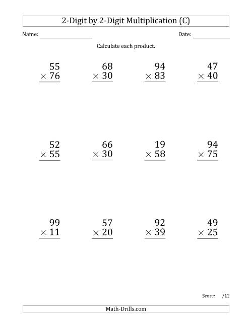 The Multiplying 2-Digit by 2-Digit Numbers (Large Print) with Space-Separated Thousands (C) Math Worksheet