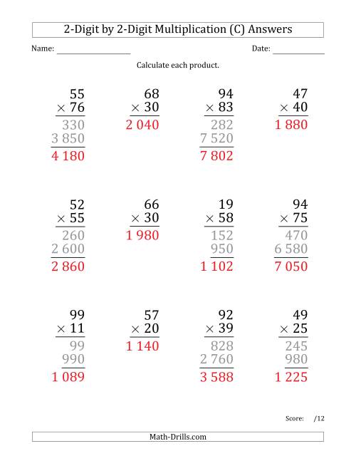 The Multiplying 2-Digit by 2-Digit Numbers (Large Print) with Space-Separated Thousands (C) Math Worksheet Page 2