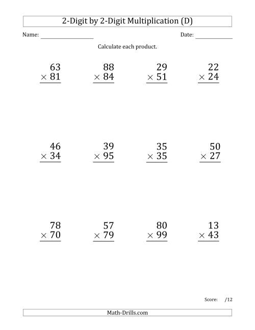 The Multiplying 2-Digit by 2-Digit Numbers (Large Print) with Space-Separated Thousands (D) Math Worksheet