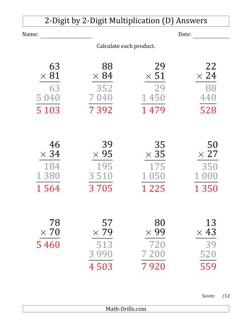 The Multiplying 2-Digit by 2-Digit Numbers (Large Print) with Space-Separated Thousands (D) Math Worksheet Page 2