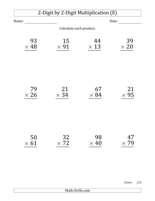 The Multiplying 2-Digit by 2-Digit Numbers (Large Print) with Space-Separated Thousands (E) Math Worksheet