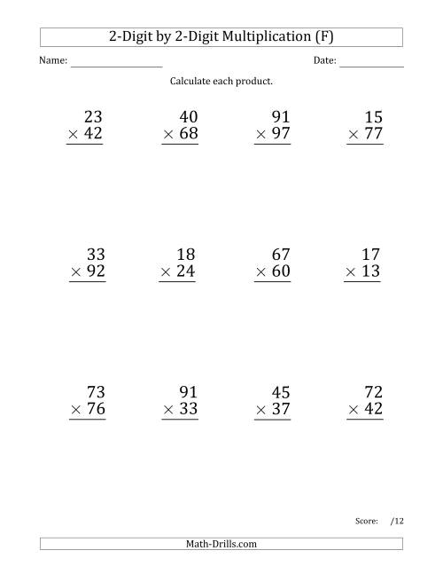 The Multiplying 2-Digit by 2-Digit Numbers (Large Print) with Space-Separated Thousands (F) Math Worksheet