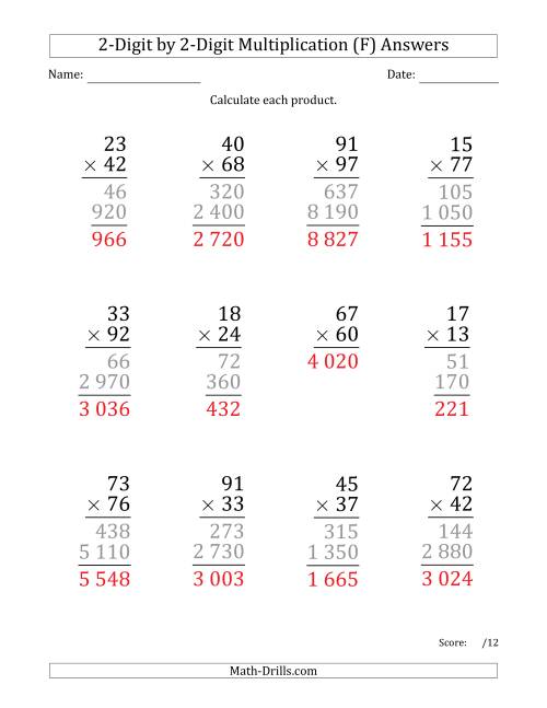 The Multiplying 2-Digit by 2-Digit Numbers (Large Print) with Space-Separated Thousands (F) Math Worksheet Page 2