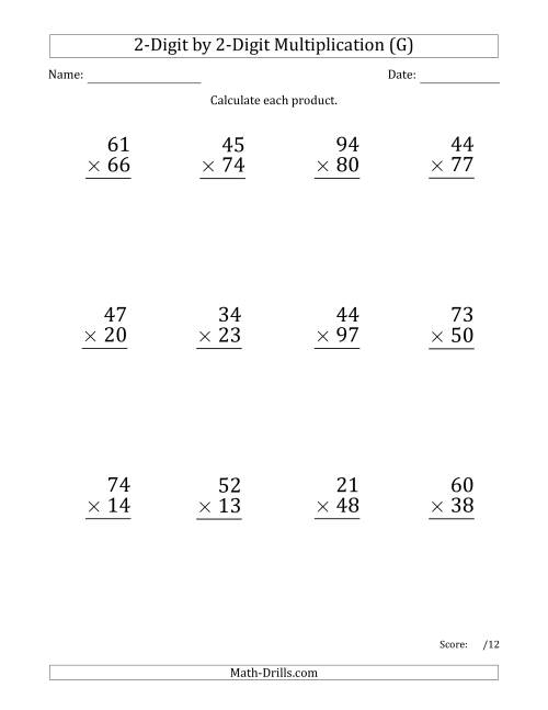 The Multiplying 2-Digit by 2-Digit Numbers (Large Print) with Space-Separated Thousands (G) Math Worksheet