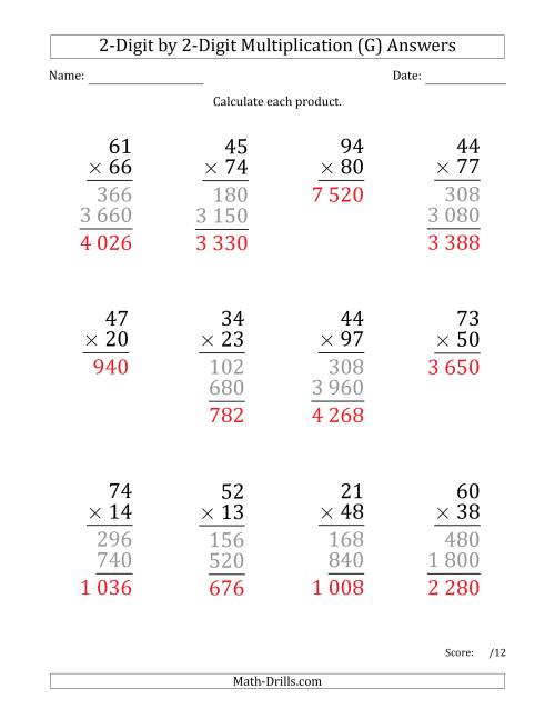 The Multiplying 2-Digit by 2-Digit Numbers (Large Print) with Space-Separated Thousands (G) Math Worksheet Page 2