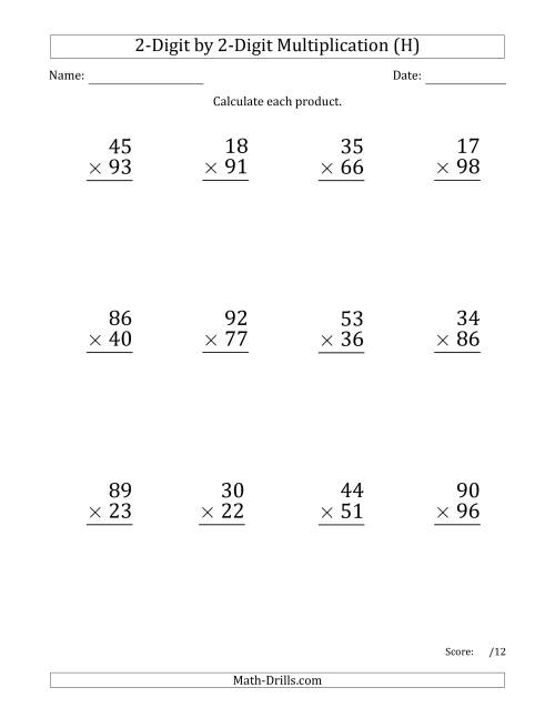 The Multiplying 2-Digit by 2-Digit Numbers (Large Print) with Space-Separated Thousands (H) Math Worksheet