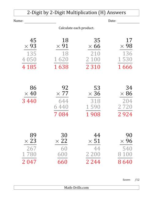 The Multiplying 2-Digit by 2-Digit Numbers (Large Print) with Space-Separated Thousands (H) Math Worksheet Page 2