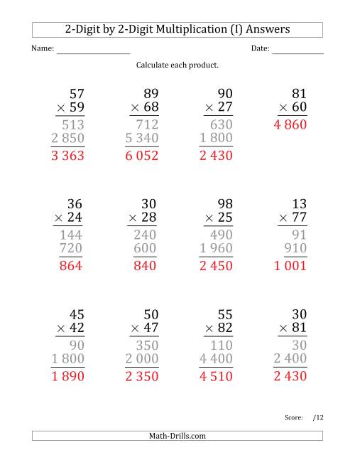The Multiplying 2-Digit by 2-Digit Numbers (Large Print) with Space-Separated Thousands (I) Math Worksheet Page 2