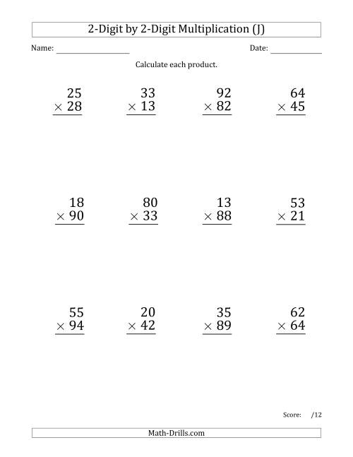 The Multiplying 2-Digit by 2-Digit Numbers (Large Print) with Space-Separated Thousands (J) Math Worksheet