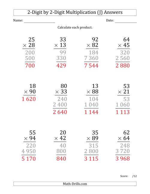 The Multiplying 2-Digit by 2-Digit Numbers (Large Print) with Space-Separated Thousands (J) Math Worksheet Page 2