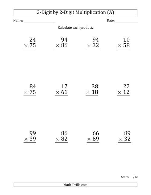 The Multiplying 2-Digit by 2-Digit Numbers (Large Print) with Space-Separated Thousands (All) Math Worksheet