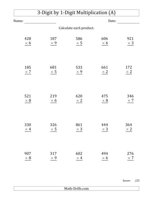 The Multiplying 3-Digit by 1-Digit Numbers with Comma-Separated Thousands (A) Math Worksheet