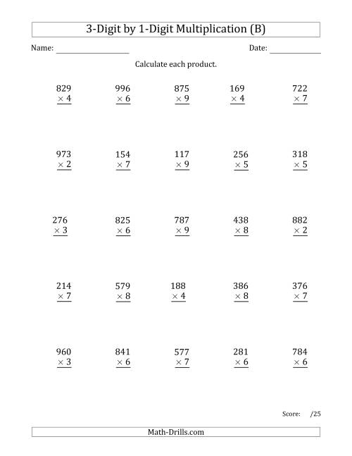The Multiplying 3-Digit by 1-Digit Numbers with Comma-Separated Thousands (B) Math Worksheet