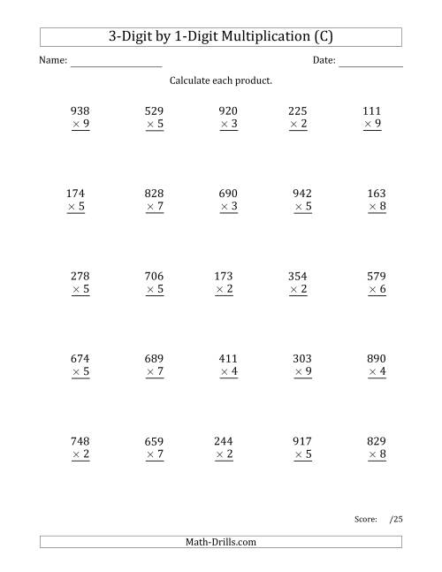 The Multiplying 3-Digit by 1-Digit Numbers with Comma-Separated Thousands (C) Math Worksheet