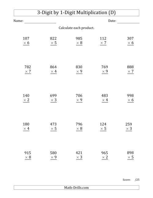 The Multiplying 3-Digit by 1-Digit Numbers with Comma-Separated Thousands (D) Math Worksheet