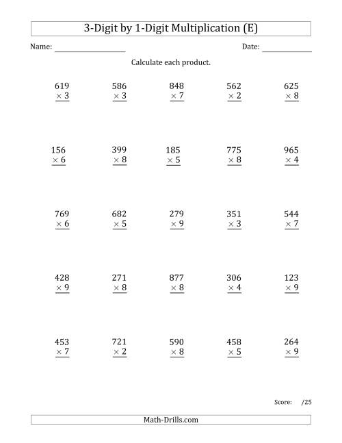 The Multiplying 3-Digit by 1-Digit Numbers with Comma-Separated Thousands (E) Math Worksheet