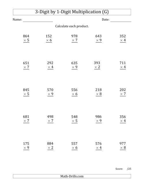 The Multiplying 3-Digit by 1-Digit Numbers with Comma-Separated Thousands (G) Math Worksheet