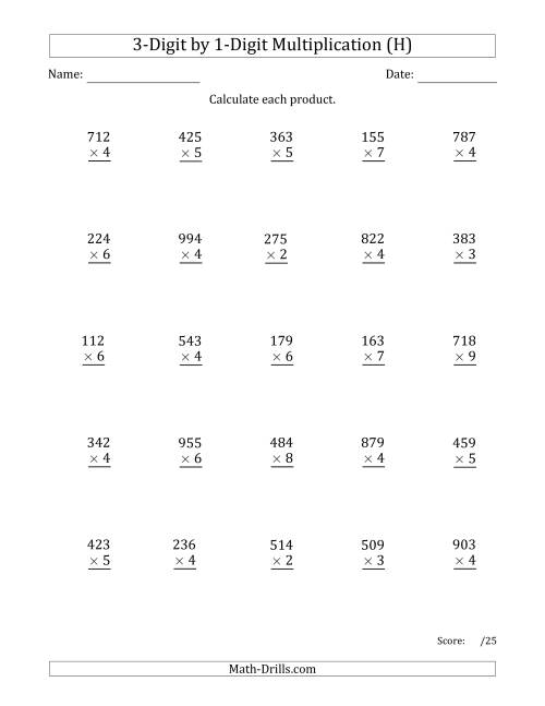 The Multiplying 3-Digit by 1-Digit Numbers with Comma-Separated Thousands (H) Math Worksheet