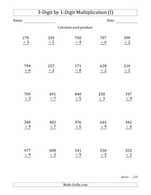 The Multiplying 3-Digit by 1-Digit Numbers with Comma-Separated Thousands (I) Math Worksheet