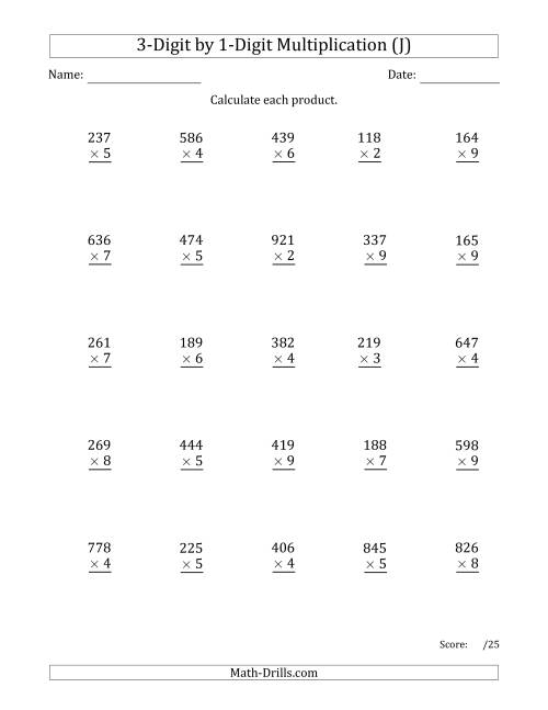 The Multiplying 3-Digit by 1-Digit Numbers with Comma-Separated Thousands (J) Math Worksheet