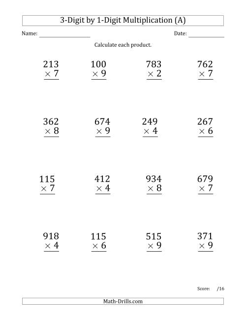 The Multiplying 3-Digit by 1-Digit Numbers (Large Print) with Comma-Separated Thousands (A) Math Worksheet