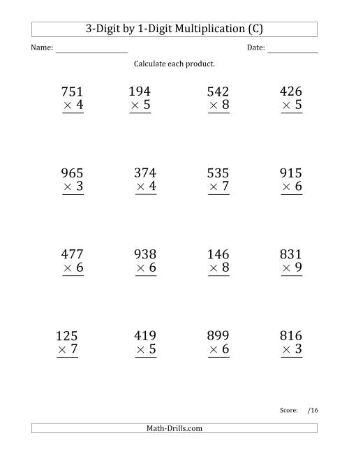 The Multiplying 3-Digit by 1-Digit Numbers (Large Print) with Comma-Separated Thousands (C) Math Worksheet