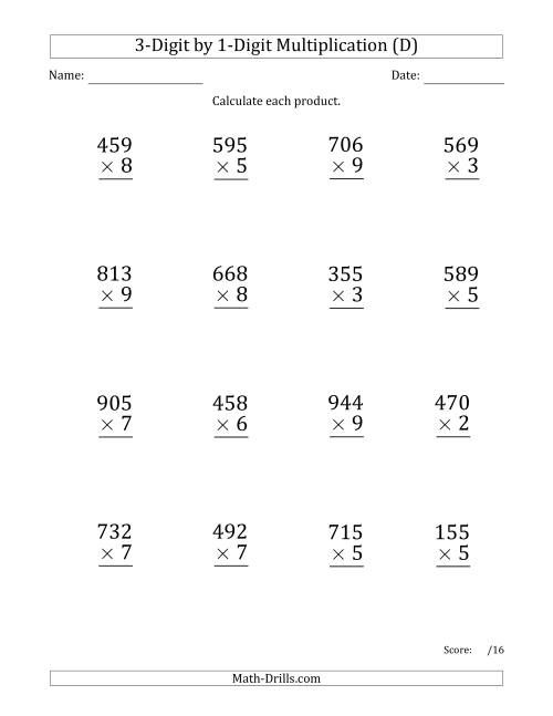 The Multiplying 3-Digit by 1-Digit Numbers (Large Print) with Comma-Separated Thousands (D) Math Worksheet