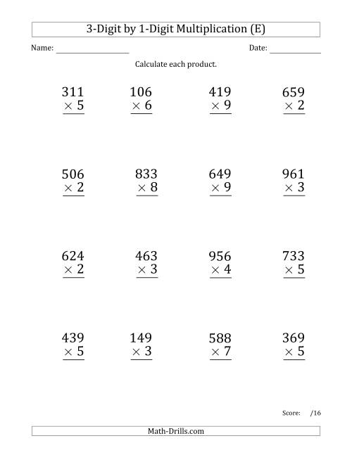 The Multiplying 3-Digit by 1-Digit Numbers (Large Print) with Comma-Separated Thousands (E) Math Worksheet