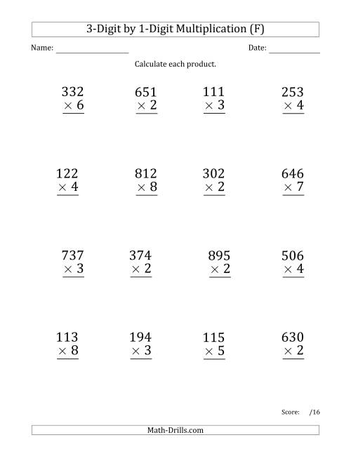 The Multiplying 3-Digit by 1-Digit Numbers (Large Print) with Comma-Separated Thousands (F) Math Worksheet