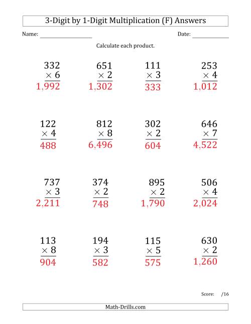 The Multiplying 3-Digit by 1-Digit Numbers (Large Print) with Comma-Separated Thousands (F) Math Worksheet Page 2