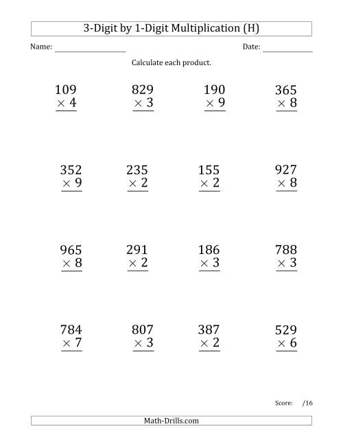 The Multiplying 3-Digit by 1-Digit Numbers (Large Print) with Comma-Separated Thousands (H) Math Worksheet