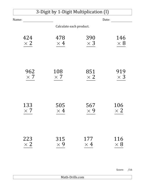 The Multiplying 3-Digit by 1-Digit Numbers (Large Print) with Comma-Separated Thousands (I) Math Worksheet