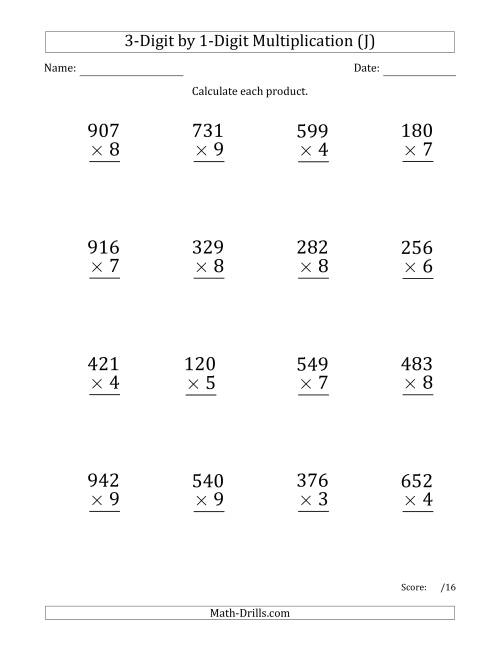 The Multiplying 3-Digit by 1-Digit Numbers (Large Print) with Comma-Separated Thousands (J) Math Worksheet