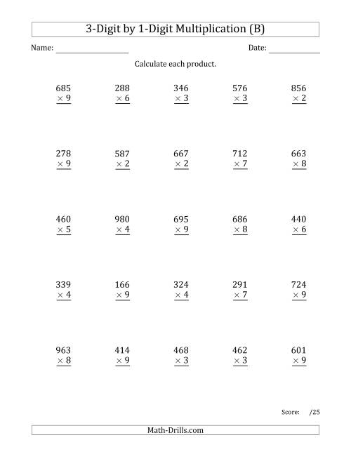 The Multiplying 3-Digit by 1-Digit Numbers with Space-Separated Thousands (B) Math Worksheet