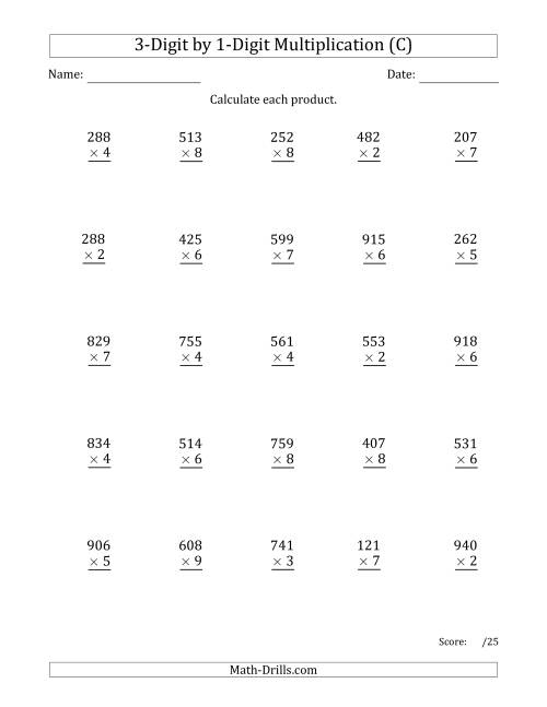 The Multiplying 3-Digit by 1-Digit Numbers with Space-Separated Thousands (C) Math Worksheet